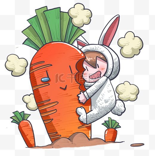 卡通手绘创意抱着萝卜的兔子小娃娃图片