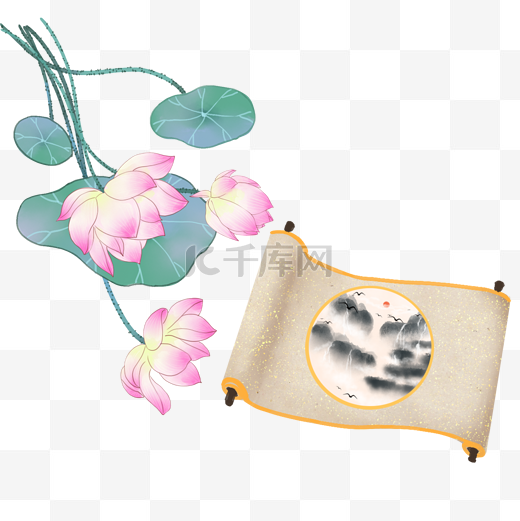 中国风手绘荷花琴棋书画系列之画图片