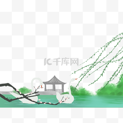 春天风景江南山水雅致装饰底框湖绿色海报边框图片