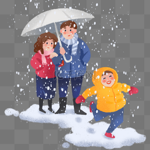 手绘冬日家庭玩雪场景图片