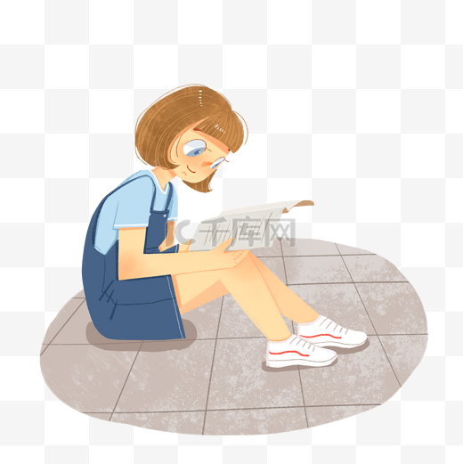 坐在地上读书的女孩图片