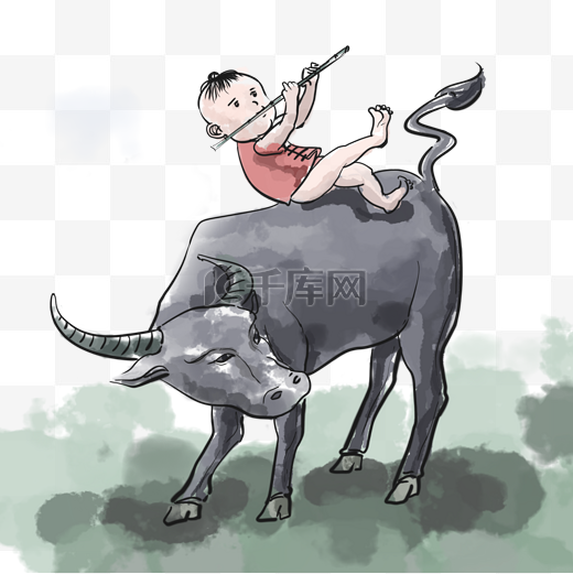 牧童水牛主题骑牛吹笛水墨风格手绘图片
