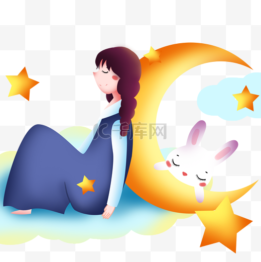 世界睡眠日靠着月亮睡觉的女孩插画图片