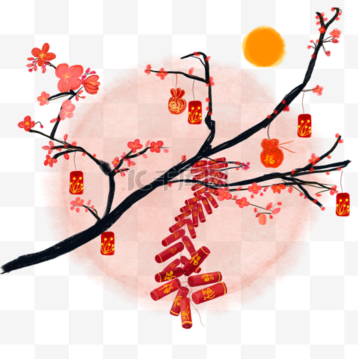 中国风水墨水彩梅枝新年鞭炮春意闹手绘免抠高清图图片