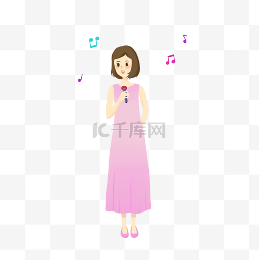 卡通手绘穿藕荷色长裙唱歌的女孩图片