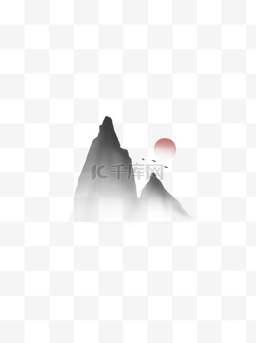水墨中国风夕阳山大雁装饰图案素材背景图片