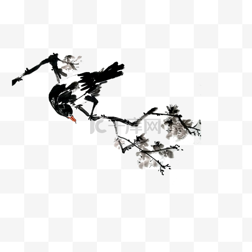 水墨国画雀鸟PNG黑白花鸟图片