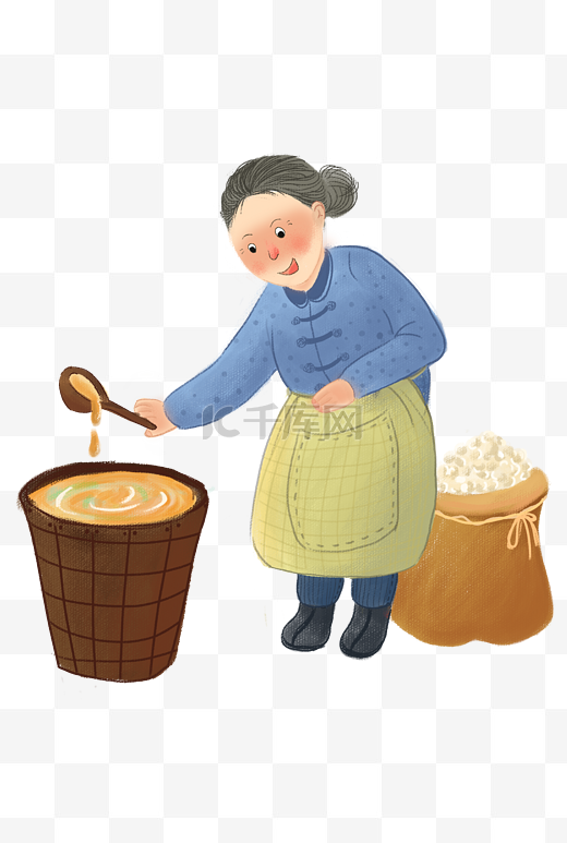 腊八节煮粥的奶奶插画图片