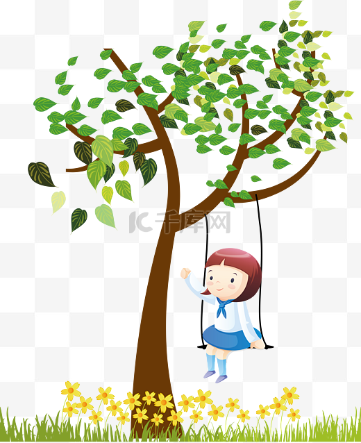 树下荡秋千的小女孩设计图片