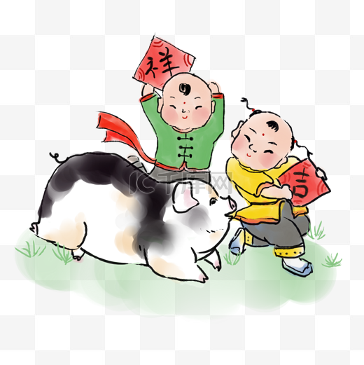 2019猪年中国风水墨年画福娃戏猪图片