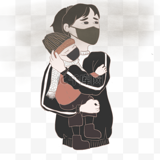防雾霾戴口罩暗色系卡通母亲抱孩子免扣图图片
