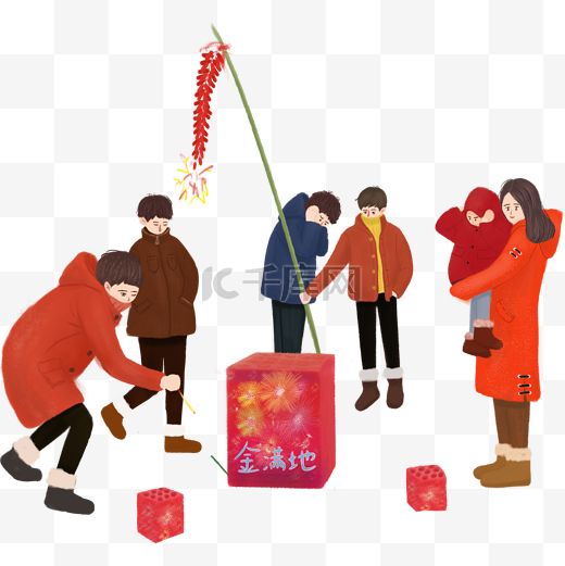 手绘中国风过新年放鞭炮狂欢跨年图片