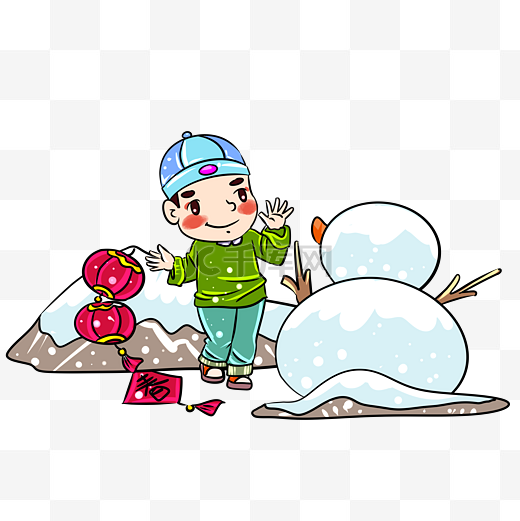 农历新年雪人手绘插画图片