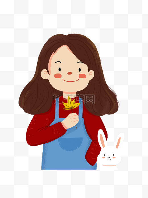 卡通可爱秋季女孩和兔子设计可商用元素图片