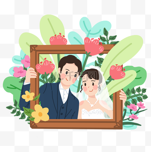 结婚婚礼小清新新人相框婚纱鲜花PNG图图片