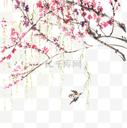 春天的花与小鸟水墨画PNG免抠素材图片