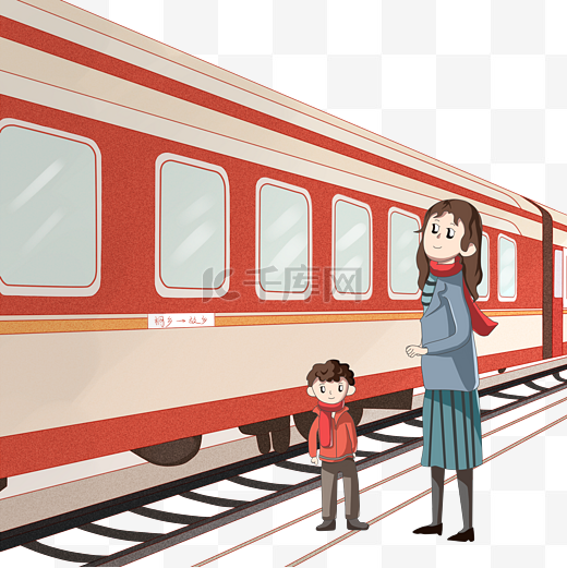 春运坐火车的母子插画图片