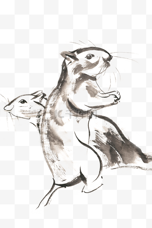 两只老鼠水墨画PNG免抠素材图片
