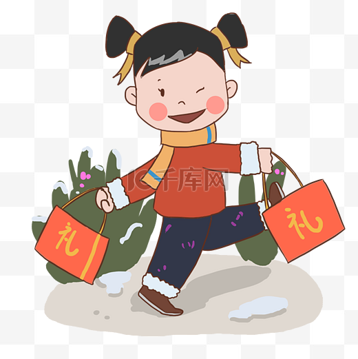 手绘中国风新年送大礼儿童插画图片