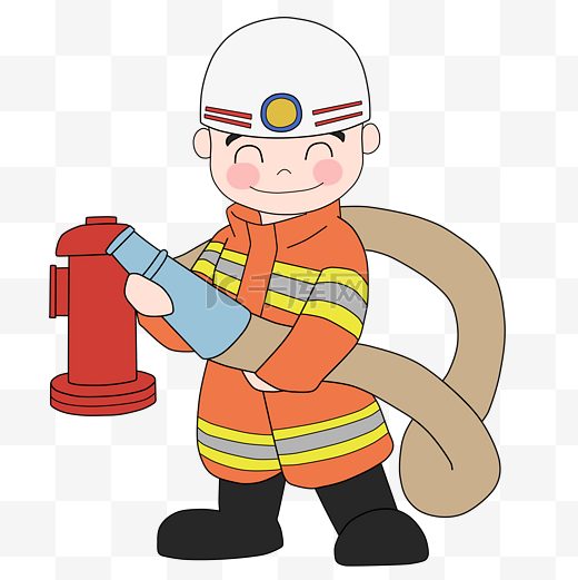 手绘消防员消防水带插画图片
