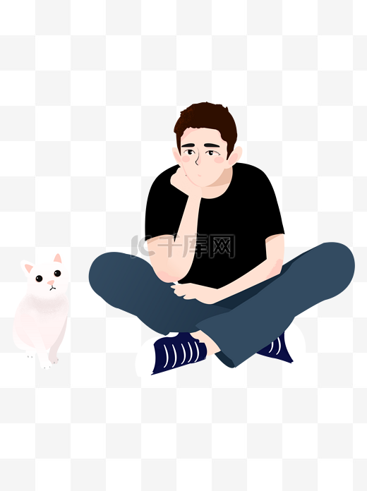 手绘卡通托腮思考的男人和呆萌的小白猫可商用元素图片