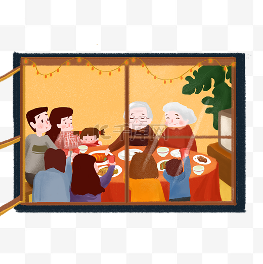 卡通手绘春节全家一家老小吃团圆饭场景除夕年俗图片