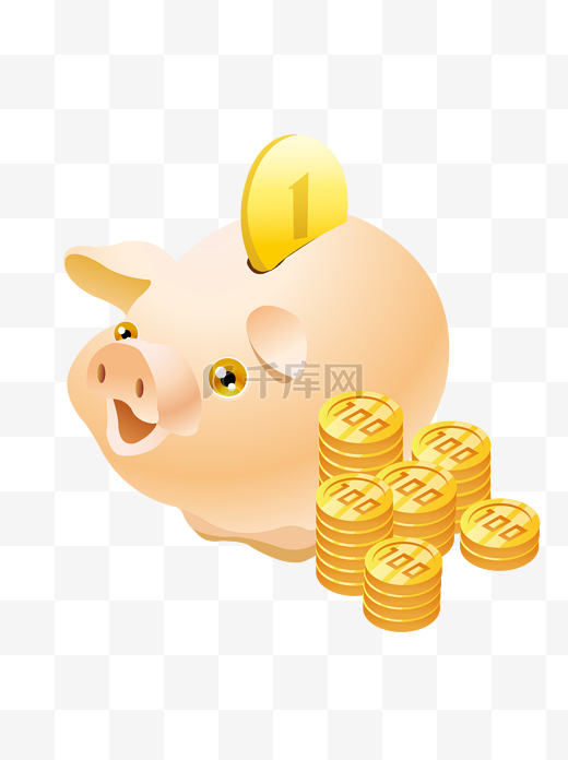 2.5D小猪存钱罐和一堆金币元素图片