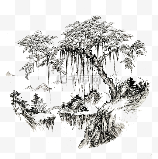 水墨山水树国画工笔图片