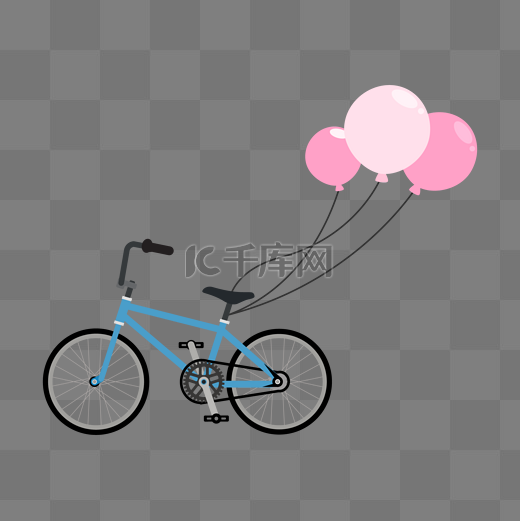 挂着爱心气球的蓝色自行车图片