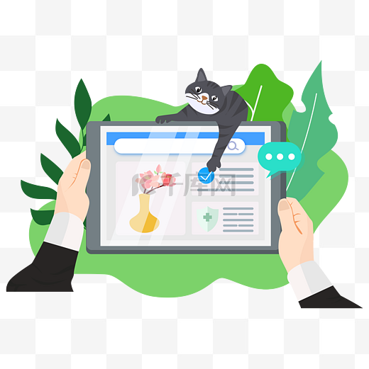 平板电脑扁平化风格绿色植物浏览界面可爱猫咪矢量图图片