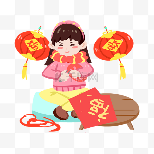 春节传统习俗剪窗花手绘插画图片