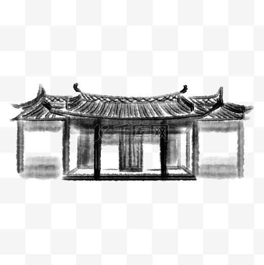 中国古建筑水墨插画图片