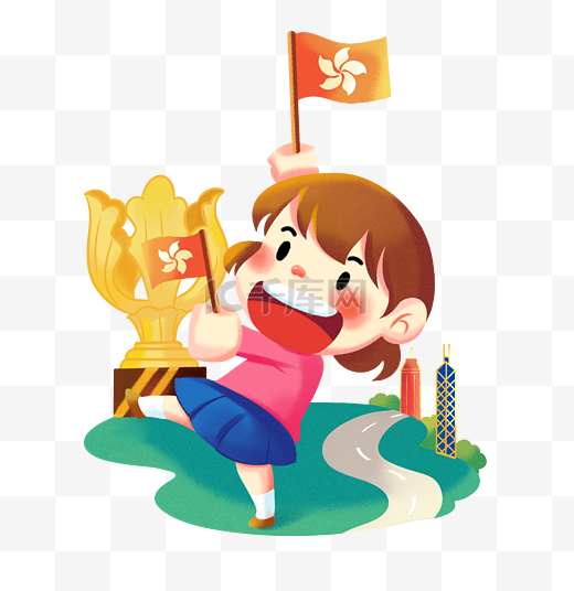 香港回归纪念挥舞区旗的小女孩插画图片