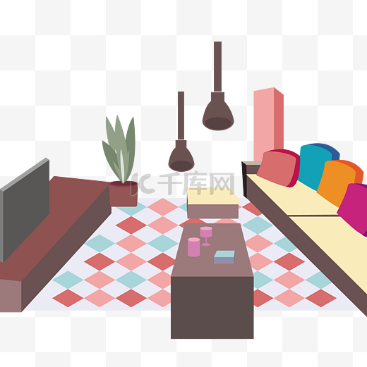 扁平风格手绘插画室内设计家具客厅莫兰蒂色系图片