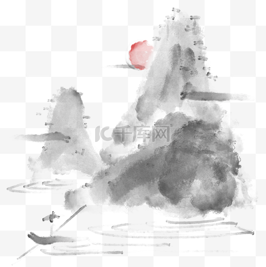 水墨中国风淡墨高山云雾渔船素材图片