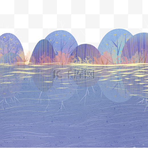 蓝色红色紫色水面水纹树木树林手绘简约素雅免扣png图片