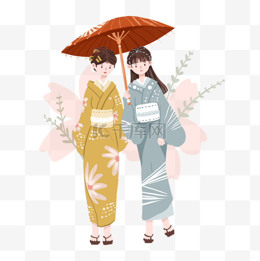 日本穿和服的两个少女免抠图图片