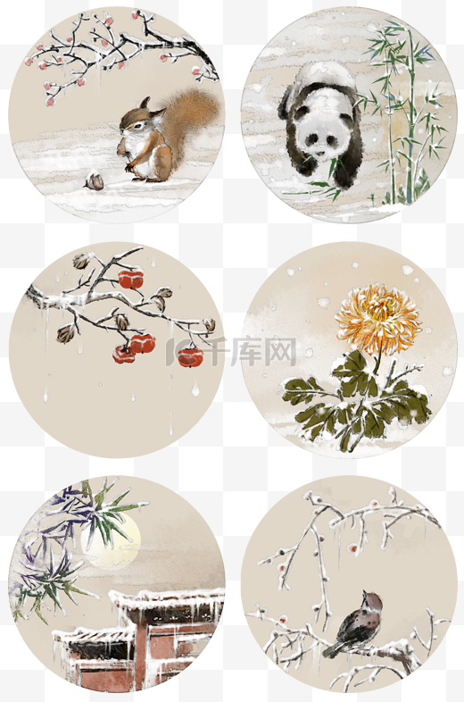中国风水墨画梅兰竹菊熊猫松树门楼雪景图图片