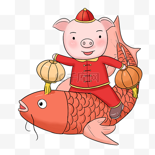 猪年猪送福锦鲤手绘插画图片