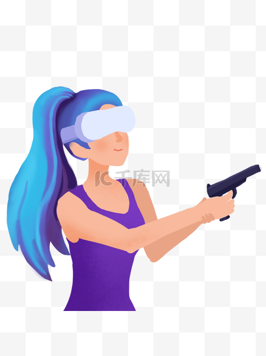 手绘卡通戴着VR眼镜做射击游戏的蓝发美女图片