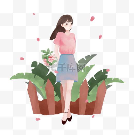 手绘拿花的女孩PNG素材图片