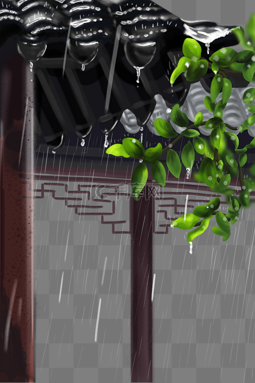 春天春季植物屋檐雨滴春雨手绘插画图片