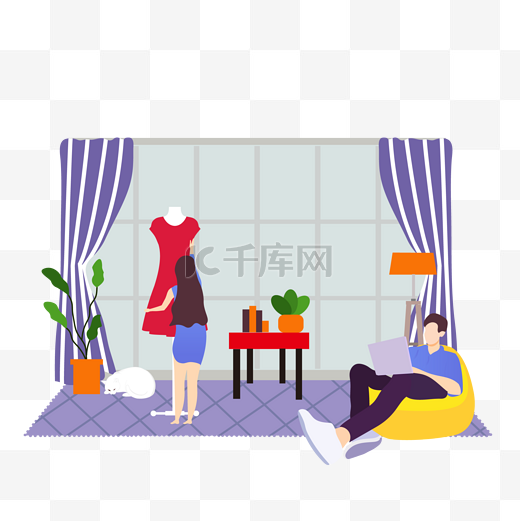 卡通插画风房间里的男女图片