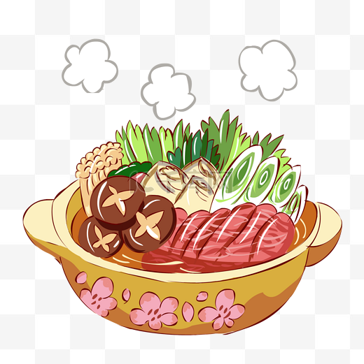 冬季热气腾腾的手绘小清新美食蔬菜牛肉砂锅图片