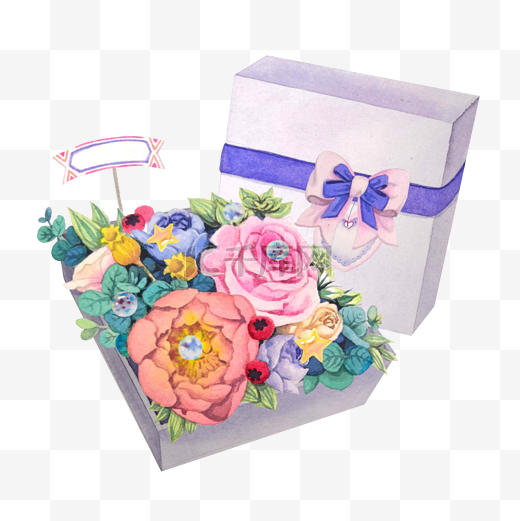 唯美写实水彩手绘礼物浪漫玫瑰花盒PSD分层图片