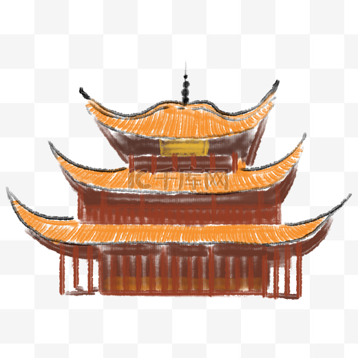 水墨中国古建筑插画图片