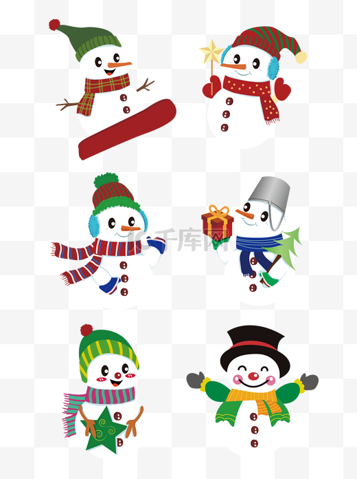 卡通可爱白色圣诞冬天彩色服饰雪花雪人元素图片