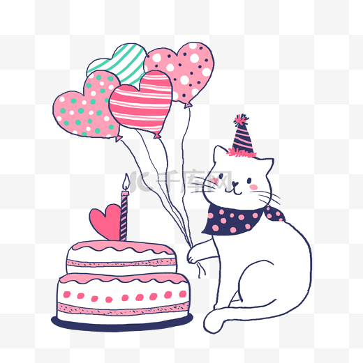 手绘粉色系生日蛋糕和猫咪PNG免抠素材图片