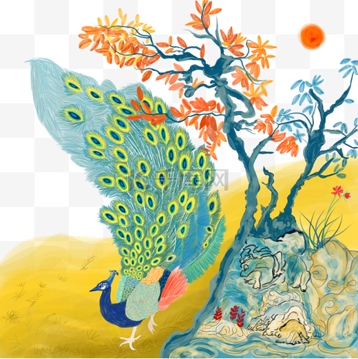 中国风水墨水彩工笔秋日的孔雀手绘免抠高清图图片