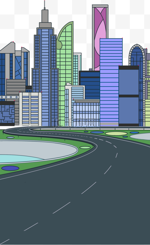 蓝色科技未来系扁平几何线条插画城市建筑大厦PSD图片